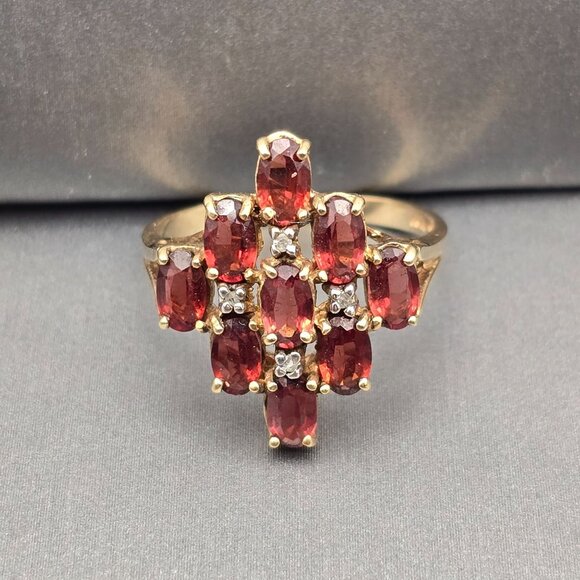 Columbia Jewelry Inc Jewelry - 10K Yellow Gold Garnet & Diamond Ring Size 7 Signed CI 9 Oval Gemstones 3.03g